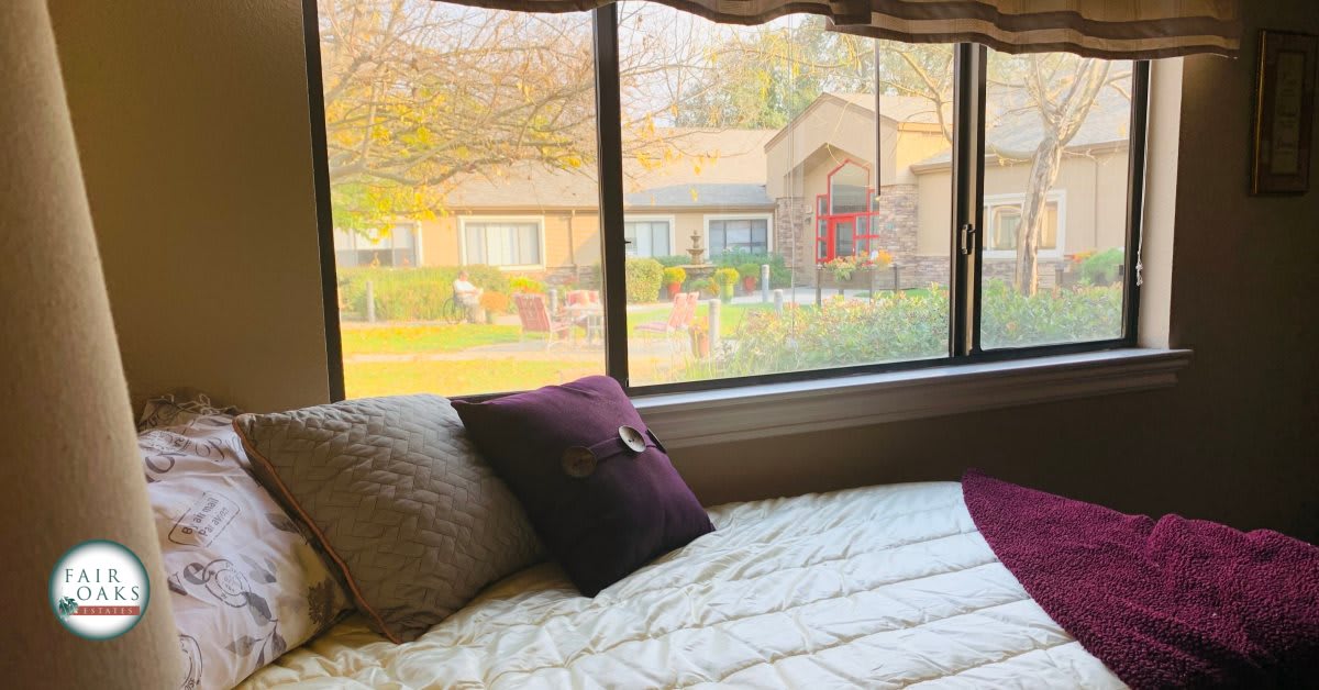 A cozy bedroom with a scenic view through the window, showcasing comfortable pillows and natural light.