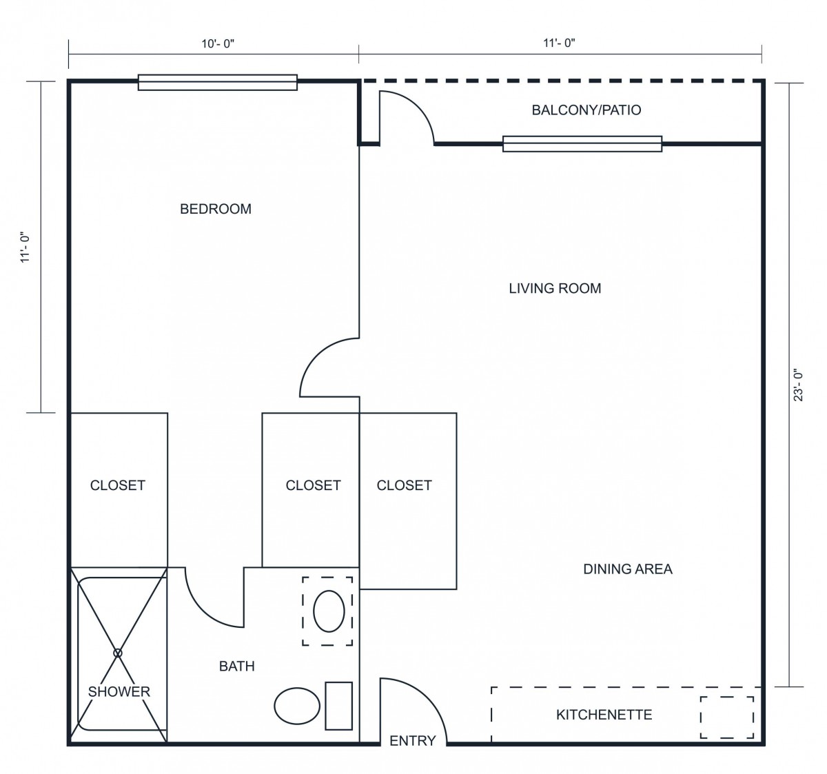 A floor plan of a residential apartment, featuring a bedroom, living room, dining area, kitchen, and bathroom.