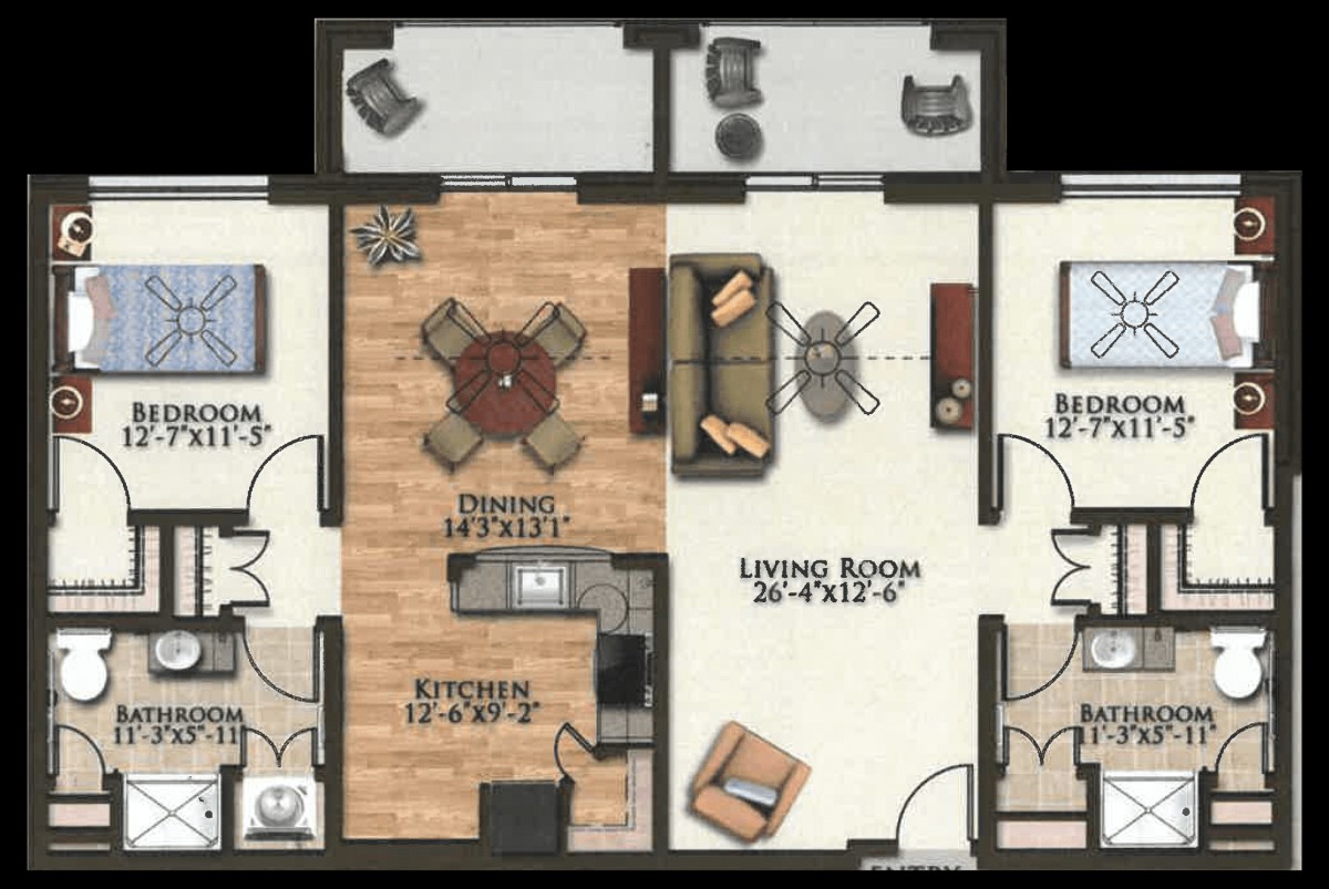 A detailed floor plan of a two-bedroom apartment featuring a living room, kitchen, dining area, and two separate bedrooms.