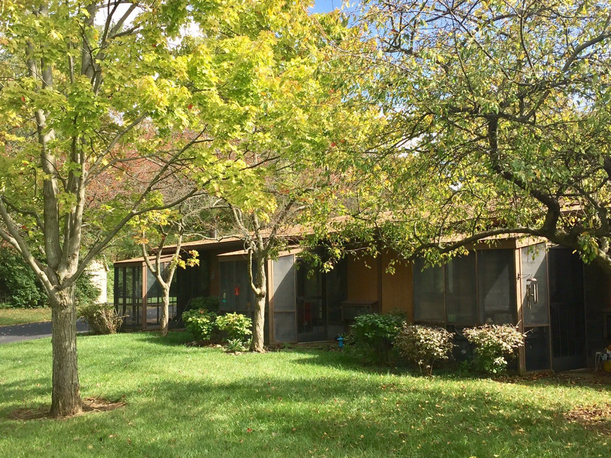 A serene house surrounded by lush green trees and a well-maintained garden.