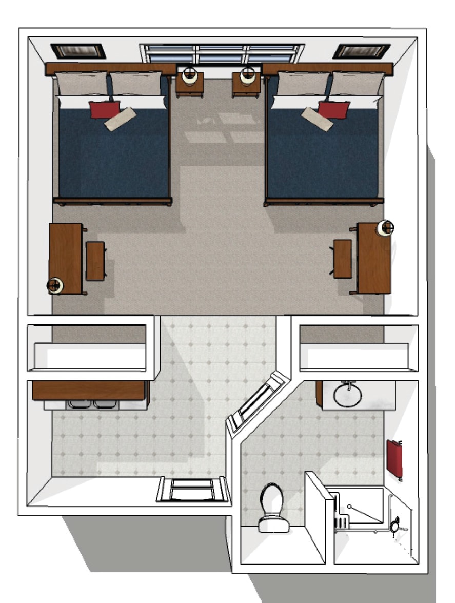 A floor plan of a dorm room with two beds, desks, and a shared bathroom.