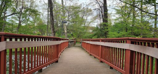 A tranquil wooden bridge surrounded by lush green trees, inviting a peaceful stroll through nature.