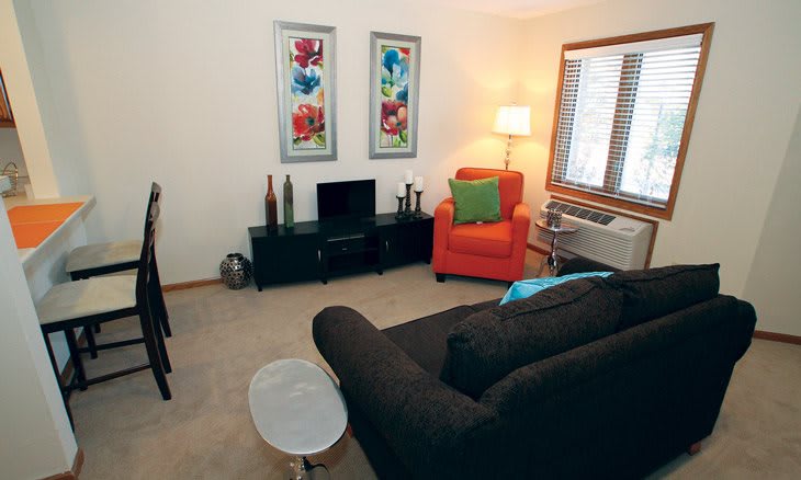 A cozy living room with modern decor, featuring a sofa, armchair, and a television.