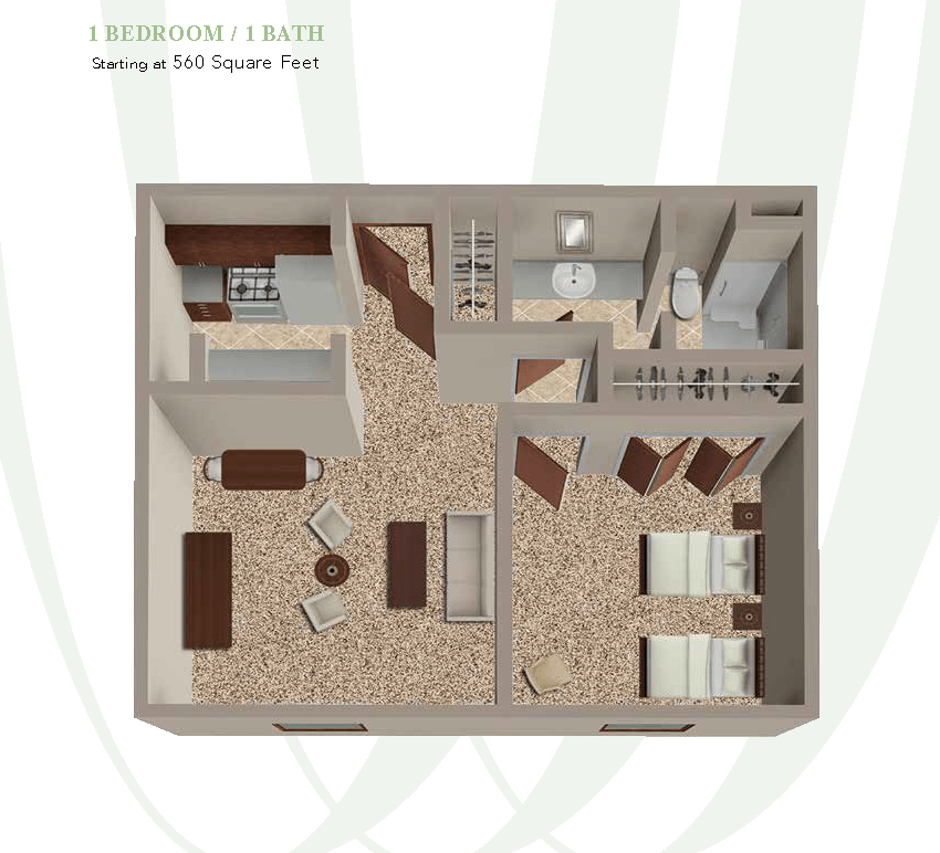 A 2-bedroom apartment floor plan featuring a living room, kitchen, and bathroom.