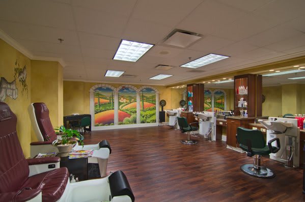 A barbershop interior featuring multiple chairs, mirrors, and a vibrant mural on the wall.