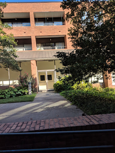 A view of a building entrance surrounded by lush greenery and a paved pathway.