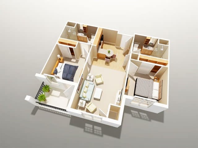 3D floor plan of a modern apartment with two bedrooms and an open living area.