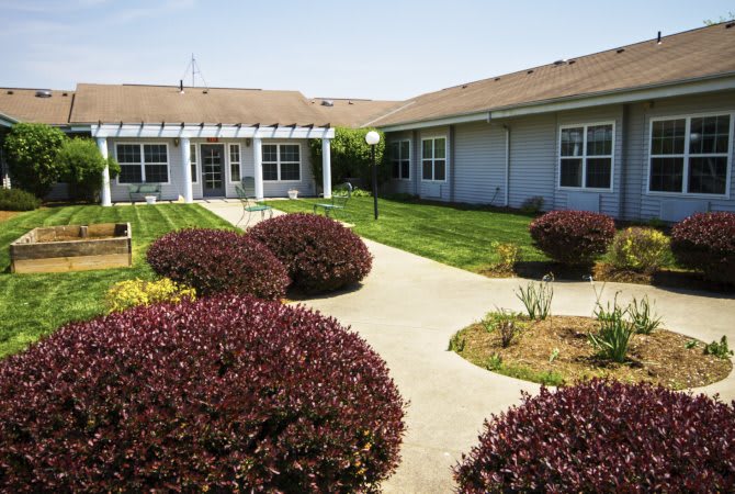 A landscaped courtyard with a pathway and surrounding bushes.