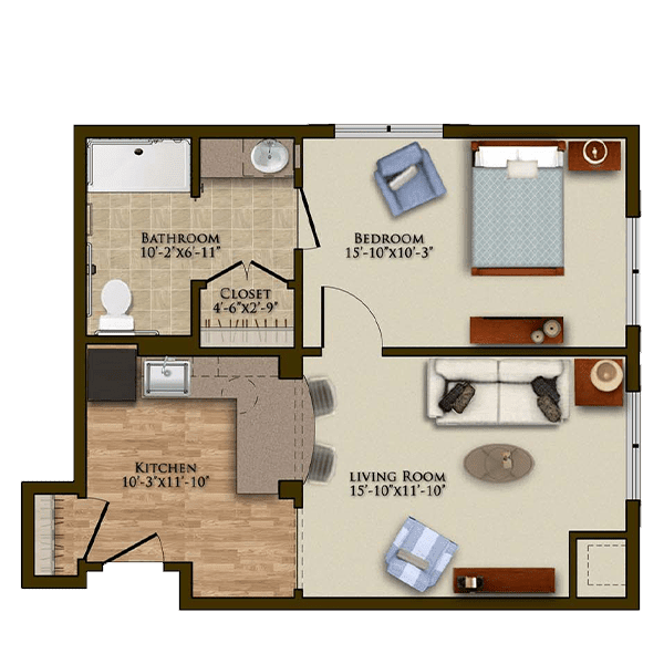 A floor plan of a one-bedroom apartment with a kitchen, living room, and bathroom.