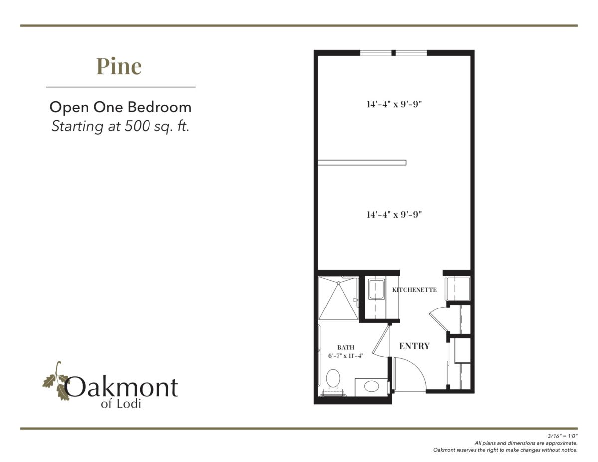 Floor plan of a studio one-bedroom apartment, starting at 500 sq. ft.