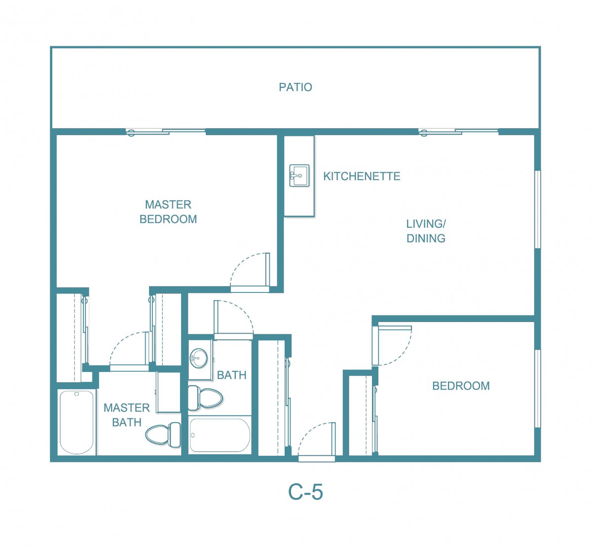 A blueprint floor plan of a two-bedroom apartment with labeled rooms, including a master bedroom, living room, kitchen area, and bathrooms.