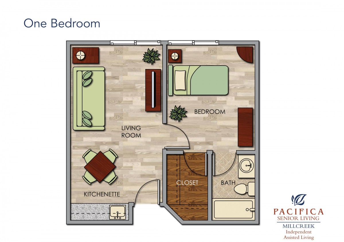 One-bedroom apartment floor plan with living room, kitchen, and bathroom.