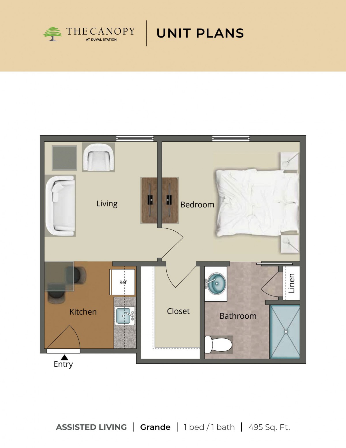 One-bedroom apartment floor plan with a bathroom, kitchen, living room, and closet.