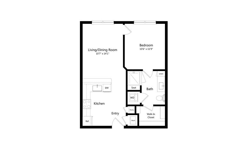 A floor plan of a one-bedroom apartment featuring a living/dining room, kitchen, bathroom, and den.