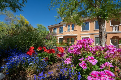 A vibrant garden filled with colorful flowers in front of a lovely house under a clear blue sky.