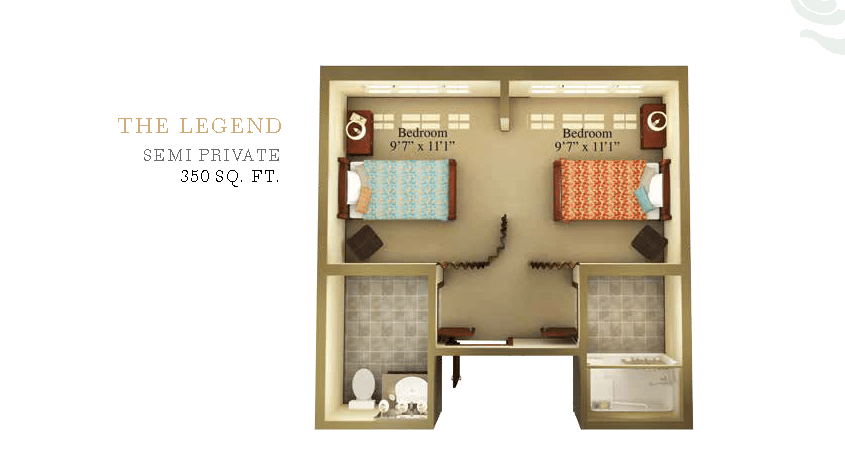 A floor plan showing a two-bedroom, one-bathroom shared apartment layout with separate beds and private bathroom areas.