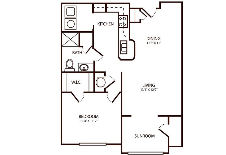 A floor plan of a one-bedroom apartment with a kitchen, bathroom, living room, and sunroom.