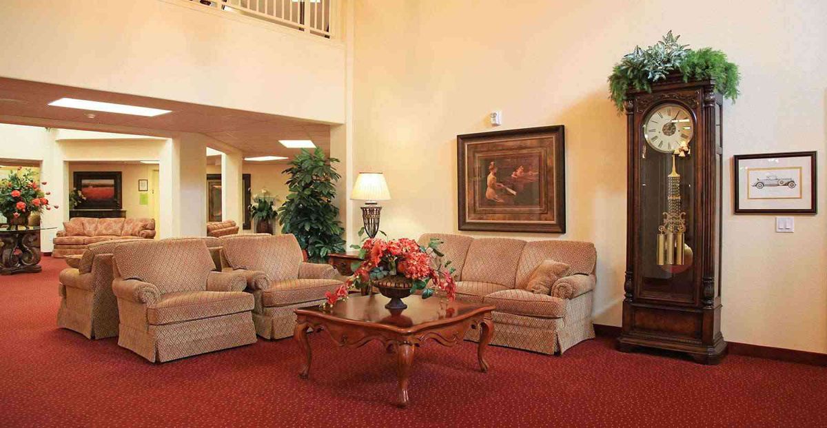 A cozy living room with comfortable sofas, a wooden coffee table, and decorative plants.