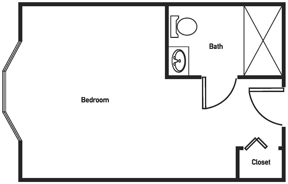 A simple floor plan showing a bedroom and bathroom layout.
