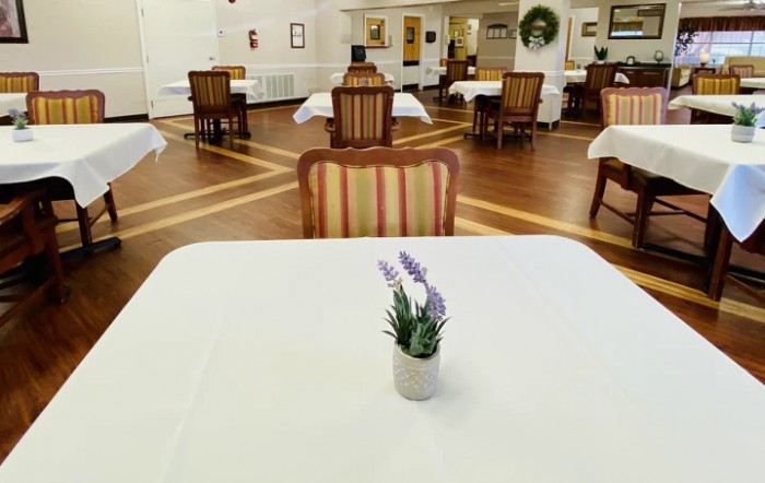 An empty restaurant dining area with neatly arranged tables and chairs, featuring a flower vase centerpiece.
