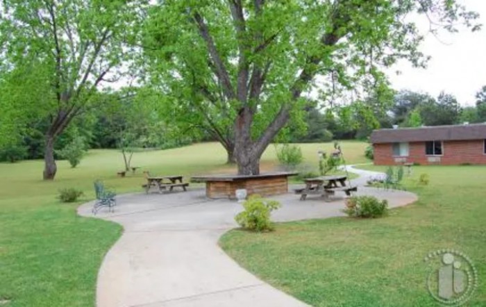 A scenic view of a park with picnic tables under a large tree and a winding pathway.