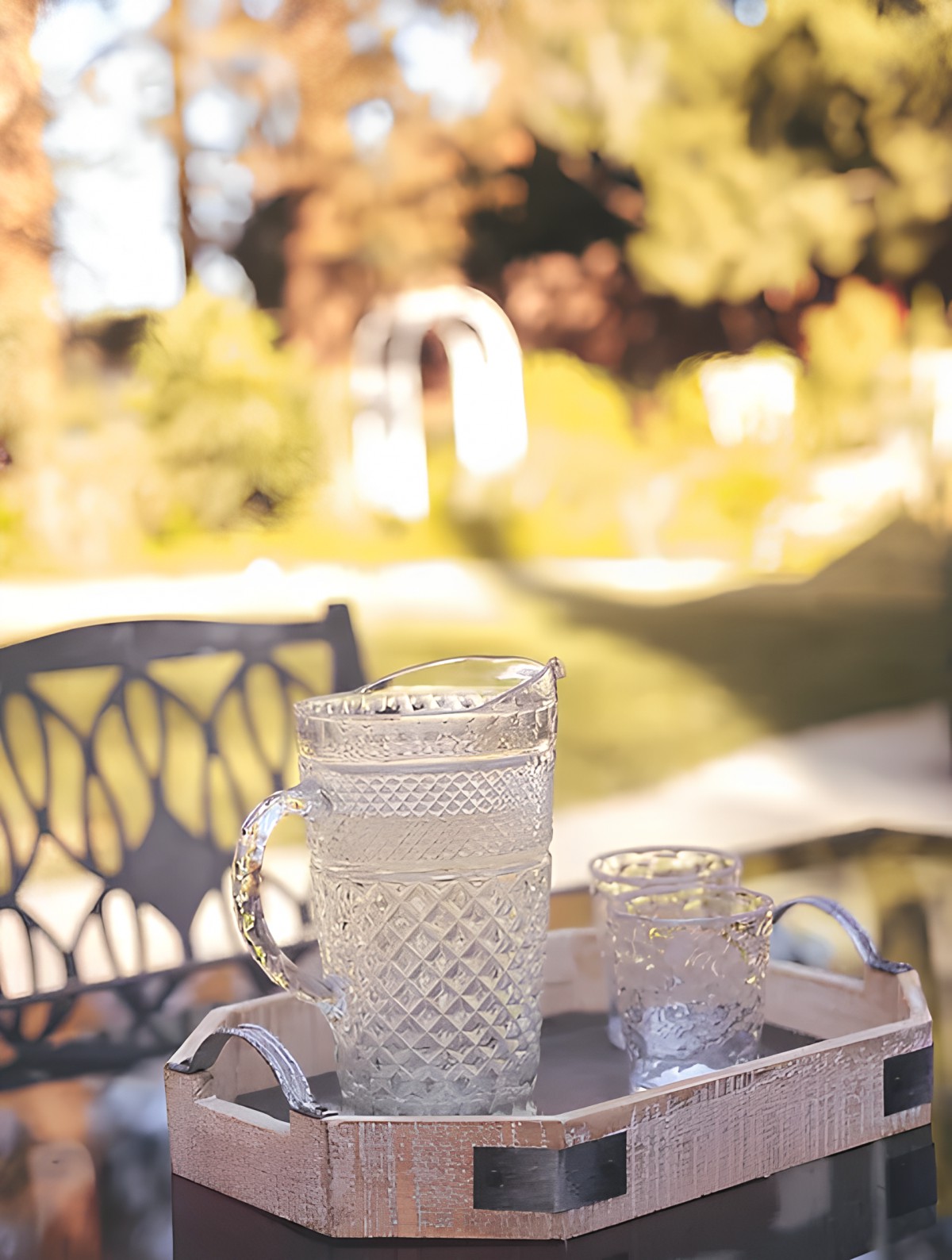 A pitcher and glasses sit on a tray outdoors in a sunny garden setting.