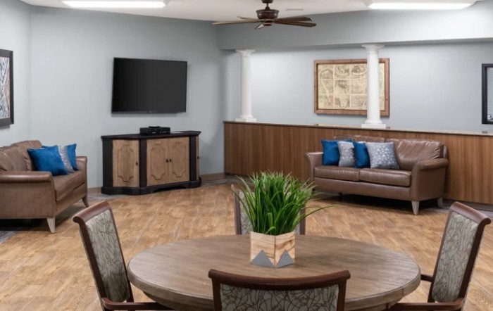 A modern living room with a stylish sofa, large television, and decorative elements like plants and artwork.