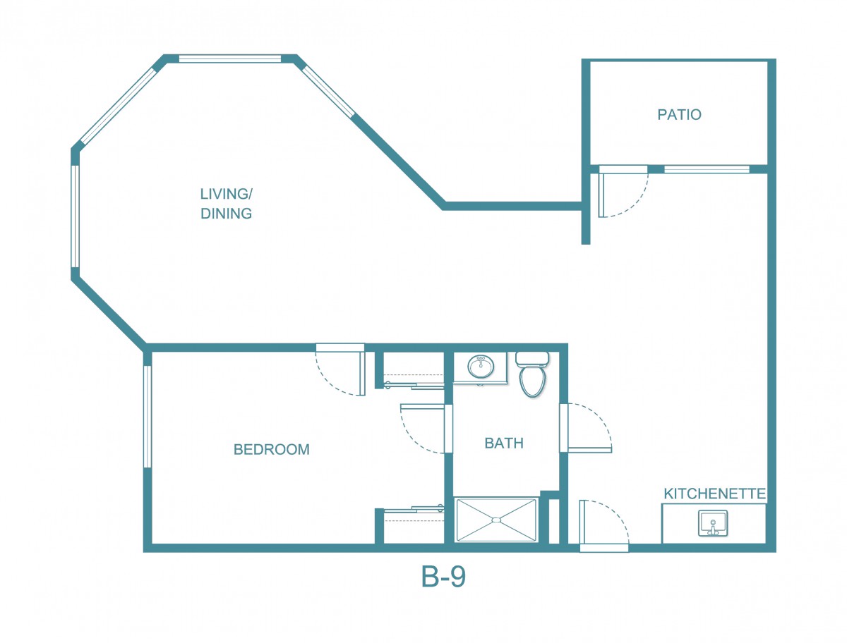 A one-bedroom apartment floor plan showing a living/dining area, kitchen, bathroom, bedroom, and patio.