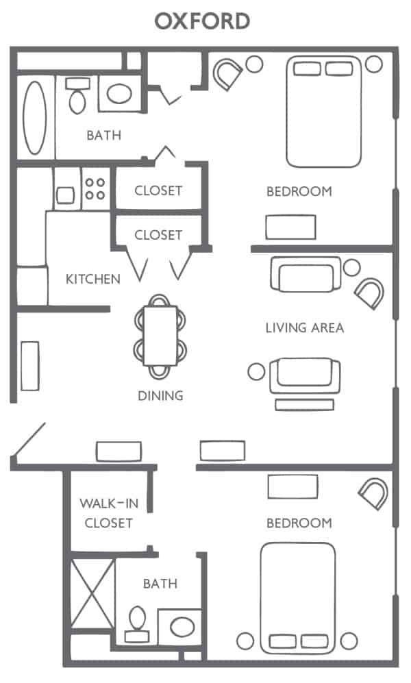 A detailed floor plan of a two-bedroom apartment featuring a kitchen, dining area, living room, bathroom, and multiple closets.