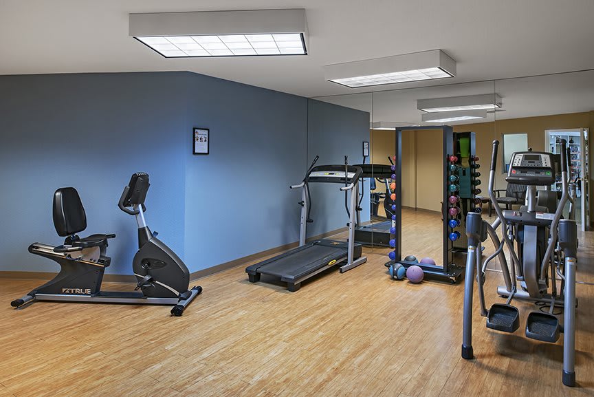 A small indoor gym with exercise equipment including a treadmill, stationary bike, and weights.