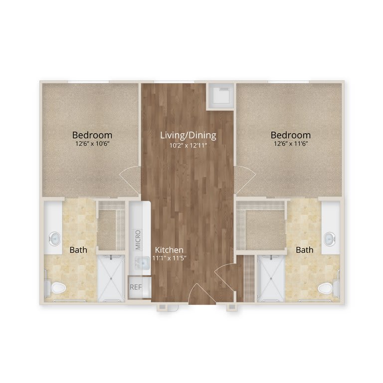 A floor plan layout of a two-bedroom apartment with bathrooms and a central living area.