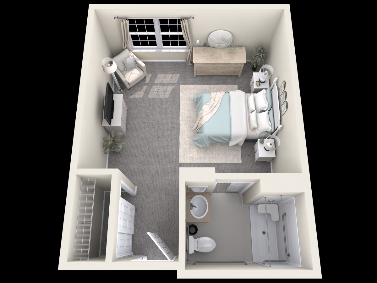 A 3D rendered floor plan of a cozy bedroom with furniture and bathroom.
