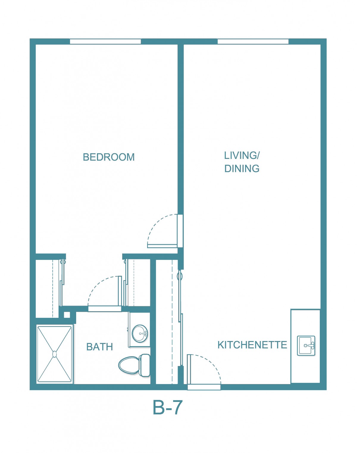 A simple one-bedroom apartment floor plan featuring a living/dining area, kitchenette, bathroom, and bedroom.