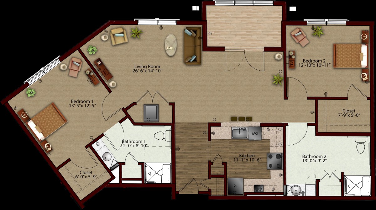 A floor plan of an apartment featuring designated areas for the living room, kitchen, bedroom, and bathroom.