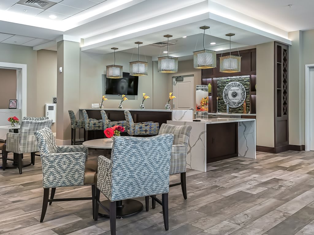 A modern lobby with comfortable seating and stylish lighting.