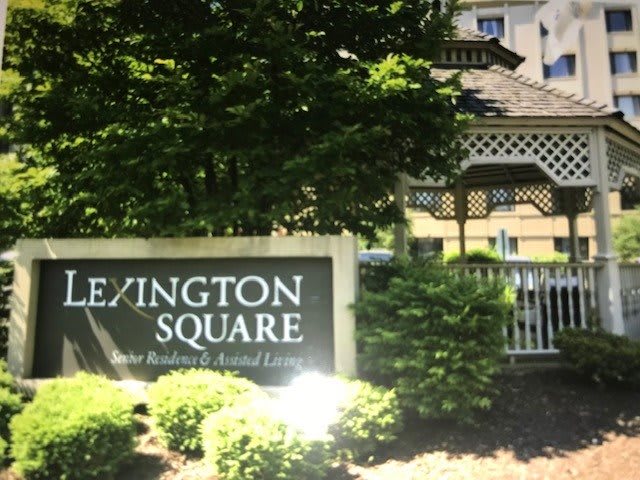 A sign for Lexington Square with a gazebo and trees in the background.