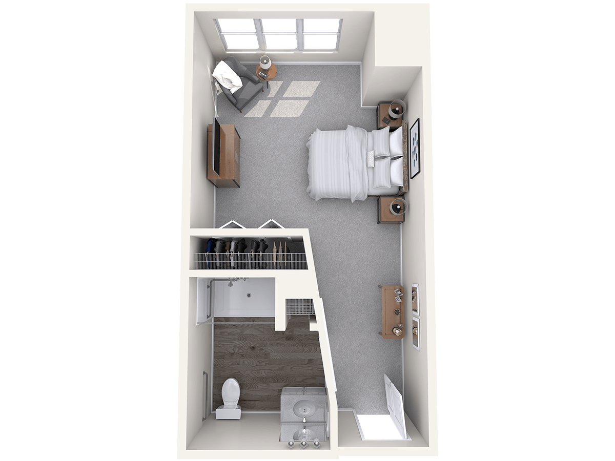 A top-down view of a studio apartment floor plan featuring a bedroom, bathroom, and furniture layout.