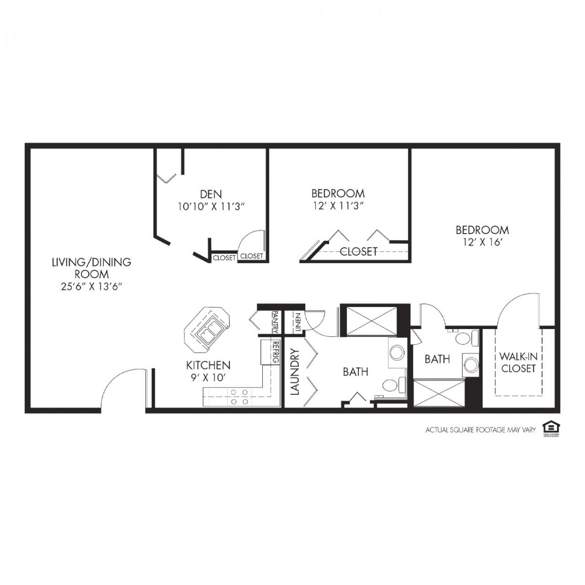 A floor plan showing a one-bedroom apartment layout with designated areas for kitchen, living/dining room, bathroom, and entry.