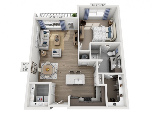 A detailed floor plan of a 1-bedroom apartment showcasing the layout of the living area, kitchen with an island, bathroom, and bedroom.