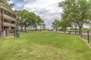 A scenic view of a grassy park area with trees and a playground in the background.