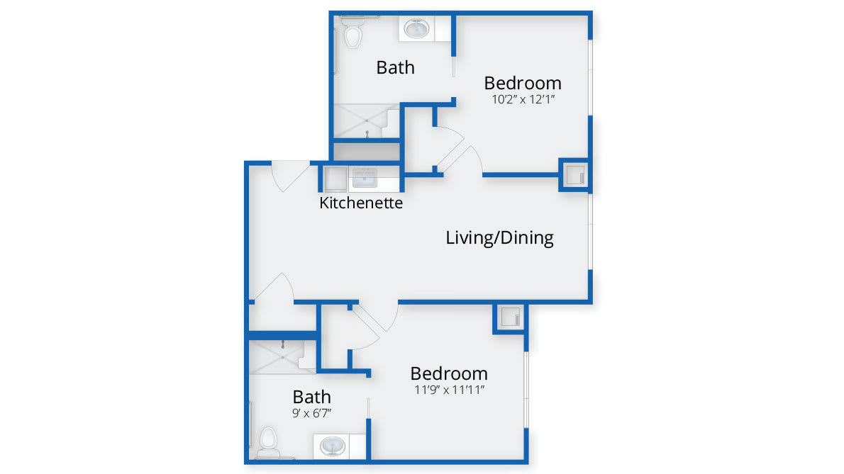Two-bedroom apartment floor plan with kitchenette, living/dining area, and two bathrooms.