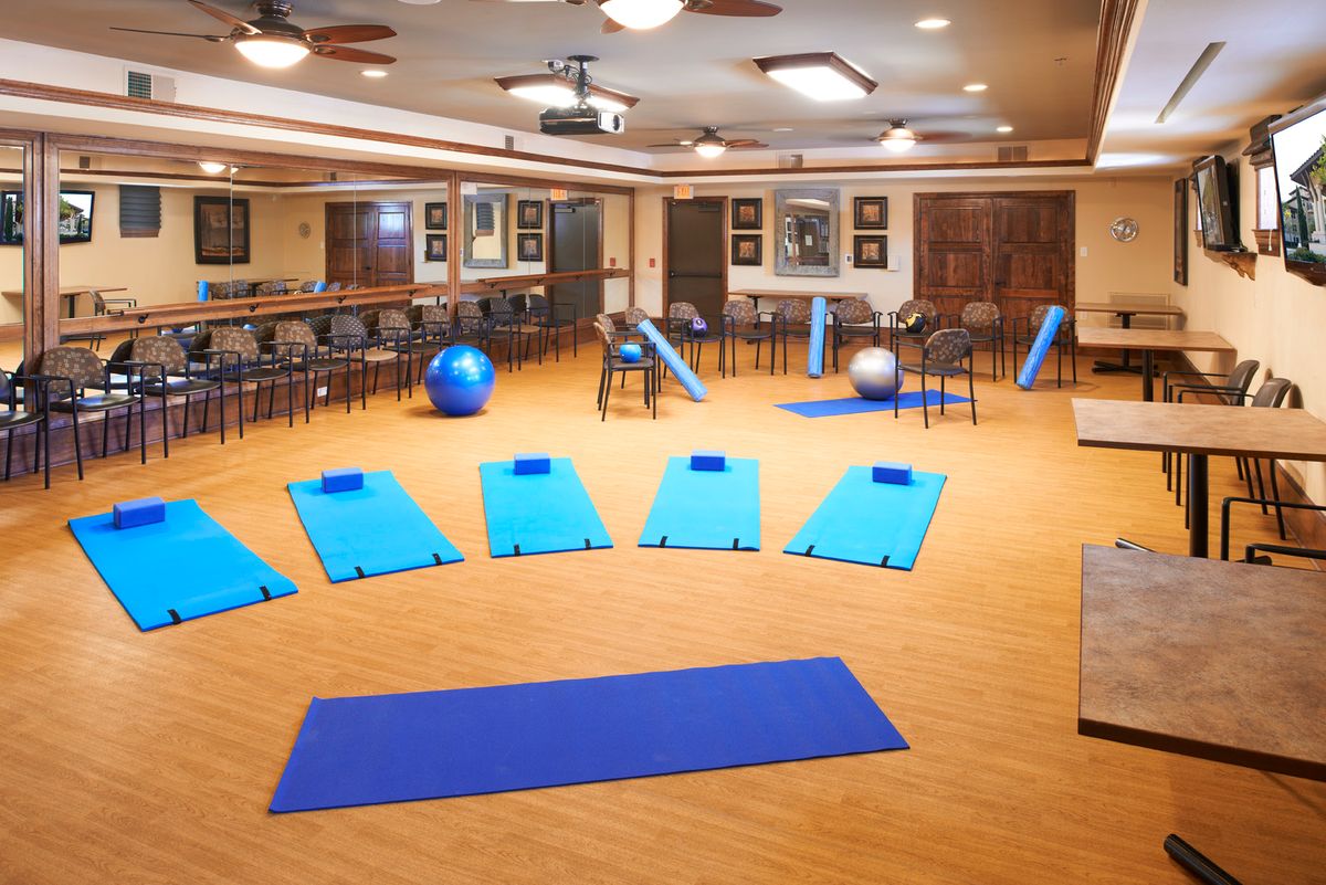 A well-equipped yoga studio with blue exercise mats and fitness equipment.