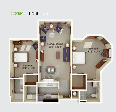 A 1238 sq. ft. apartment floor plan featuring two bedrooms, a living and dining area, kitchen, and bathrooms.
