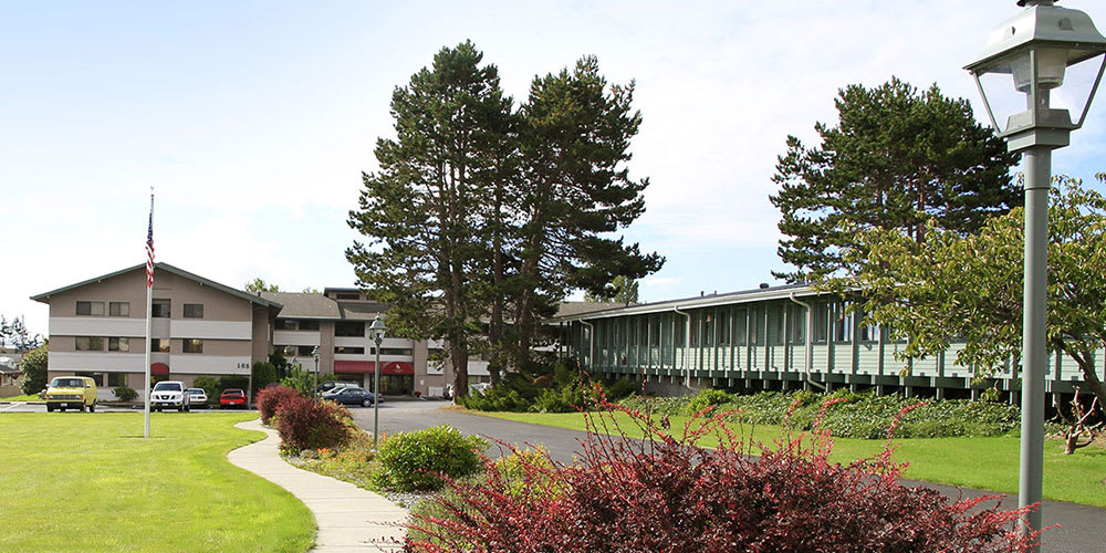 A scenic view of a campus with modern buildings surrounded by trees and a pathway.