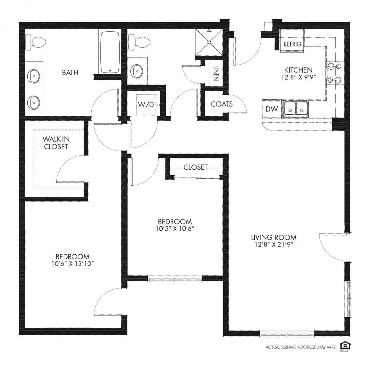 A floor plan of a one-bedroom apartment with labeled rooms.