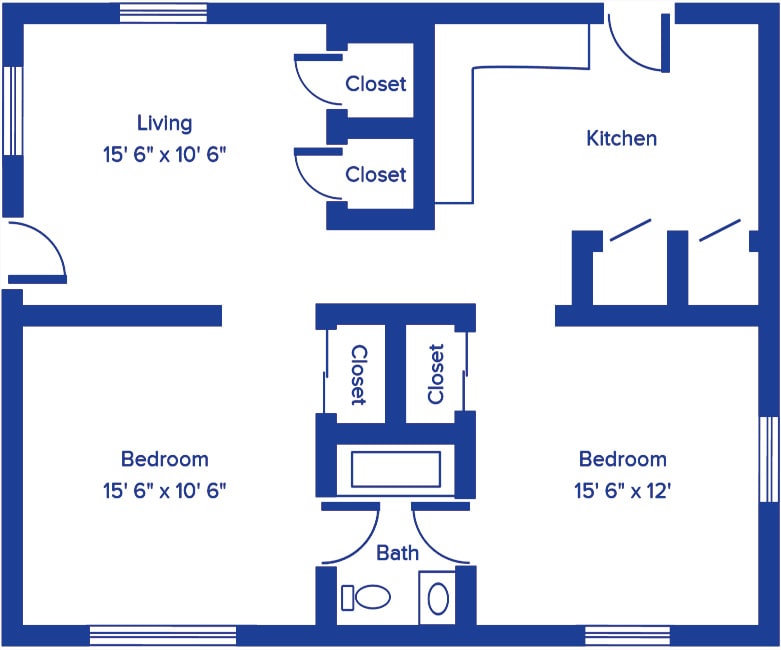 Floor plan of a two-bedroom apartment with living room, kitchen, bathroom, and closets.