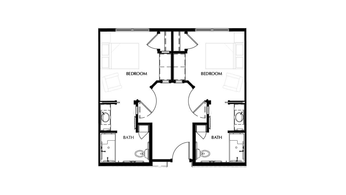 A blueprint floor plan featuring a symmetrical two-bedroom and two-bathroom layout.