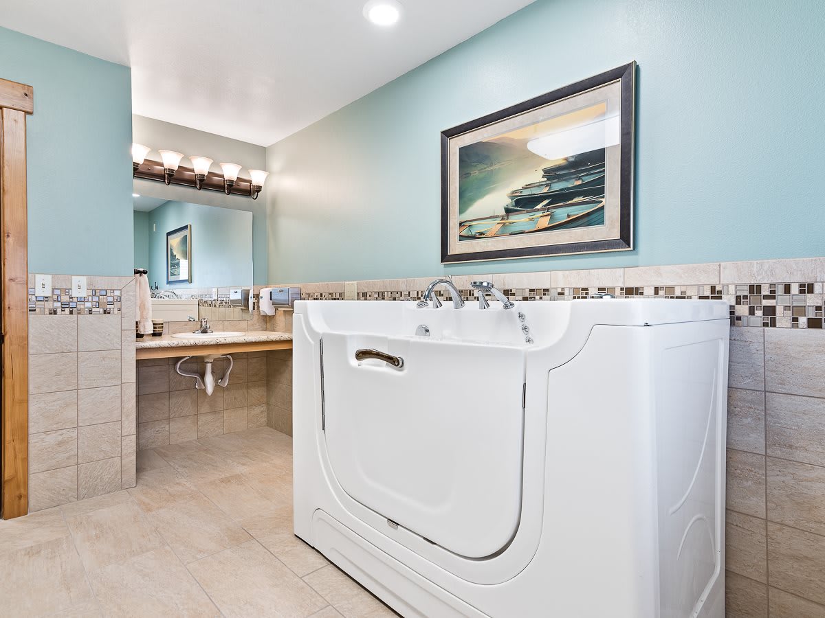 A modern bathroom featuring a walk-in bathtub and elegant decor.