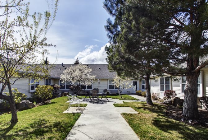A peaceful residential area with a lawn, trees, and a pathway leading to the house.