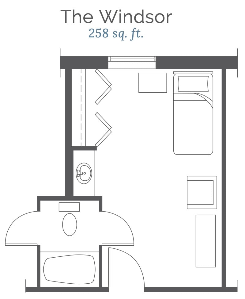 A compact 258 square foot apartment floor plan with a single bed, bathroom, and living area.